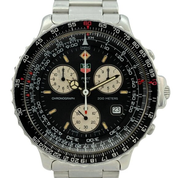 Tag Heuer 42mm Men's Black Pilot 200M Stainless Steel Chrono Watch - Picture 1 of 9